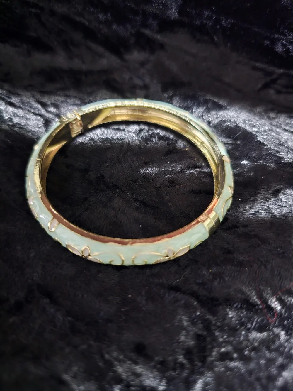 Gold-Plated Mint Green Floral Enamel Hinged Bangle Bracelet
